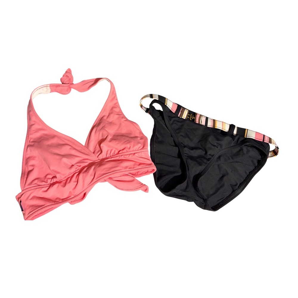 Anne Cole Locker Pink Halter Wrap Top Black Striped Belted Bikini Set Small